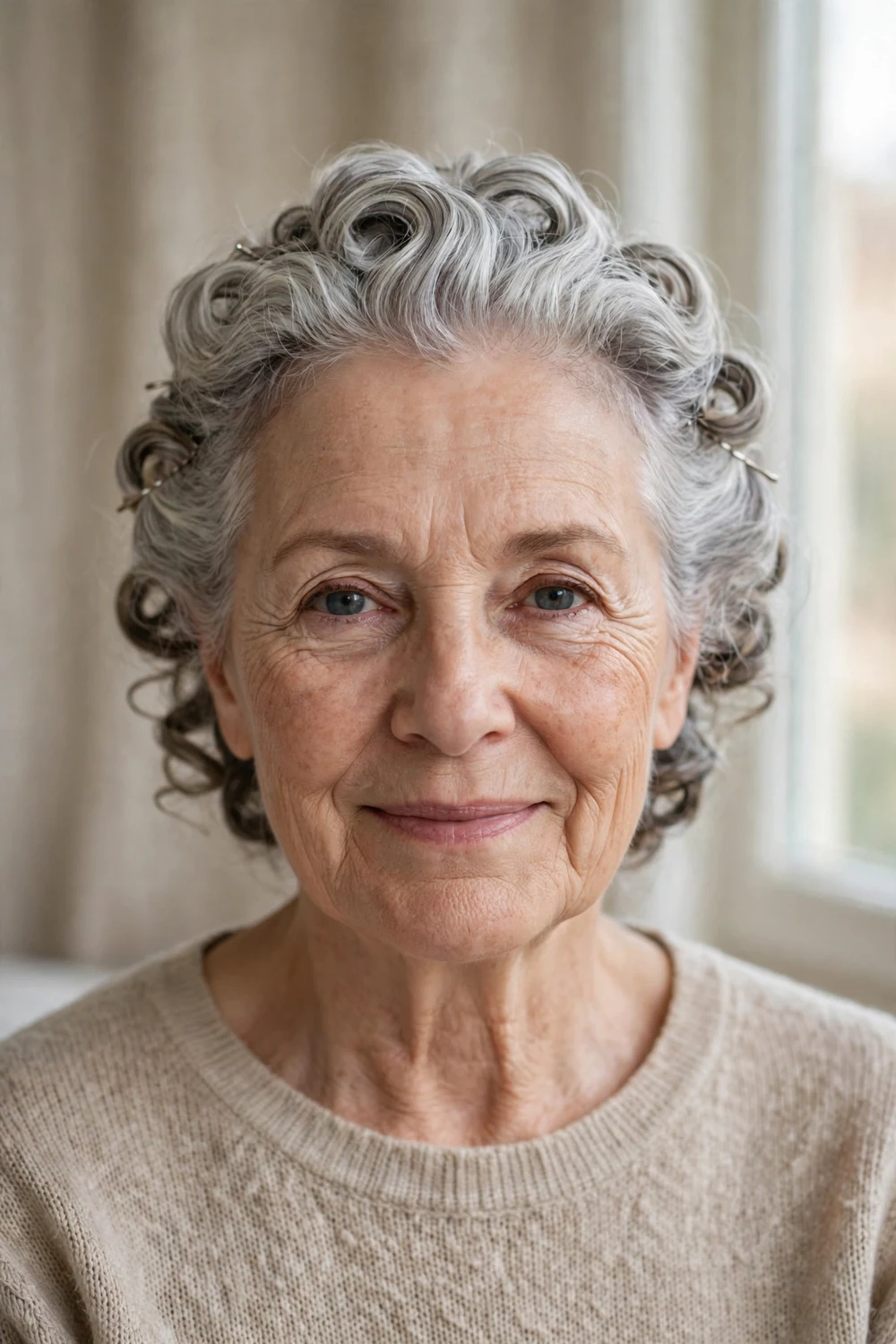 Silver curls pulled back from the face