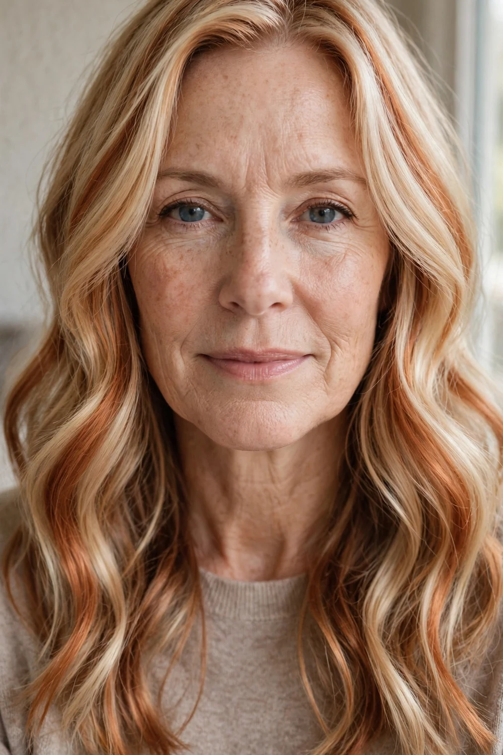 Pumpkin copper blonde long wavy hair with warm spiced tones