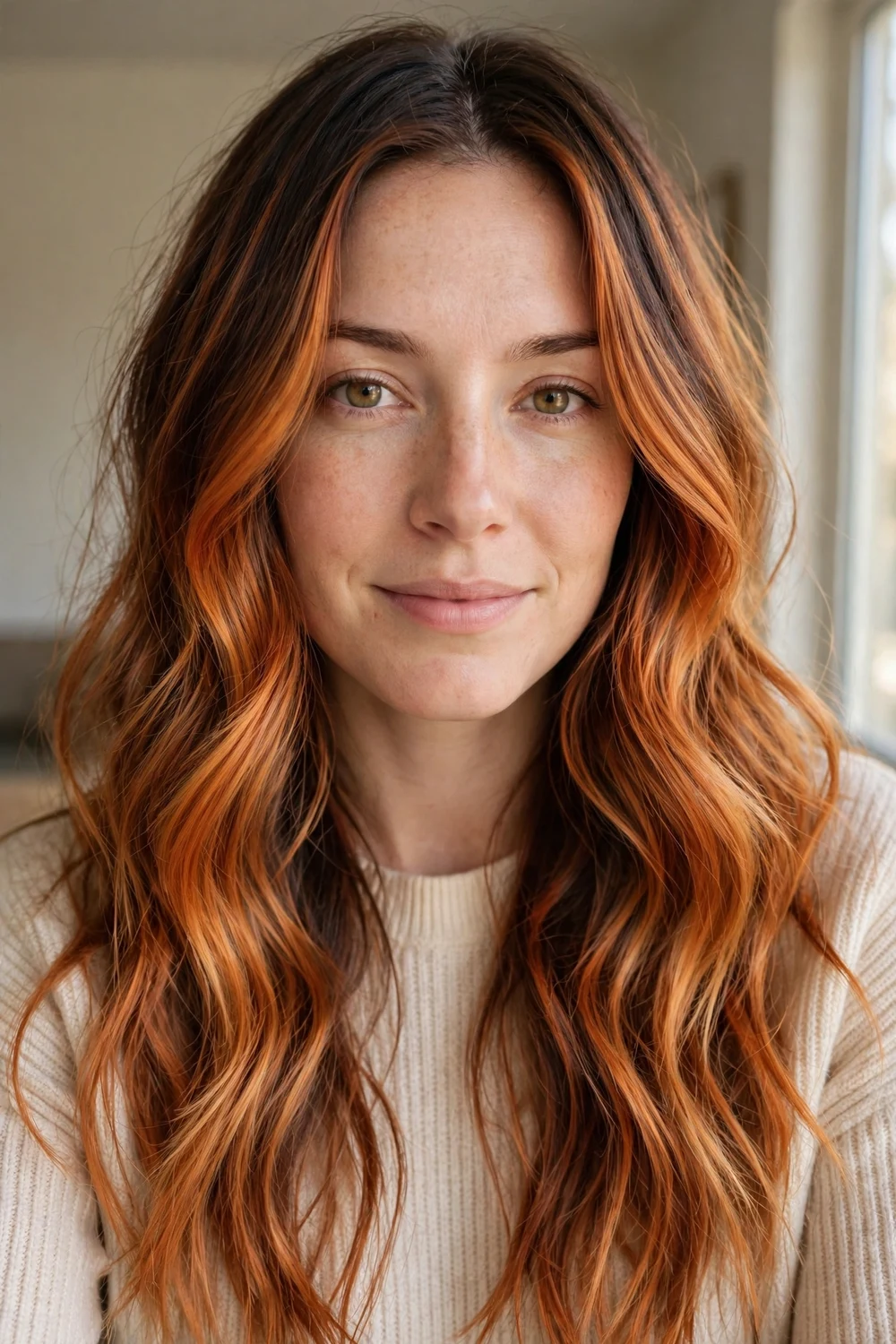 Pumpkin spice cowboy copper balayage in bright warm orange-copper