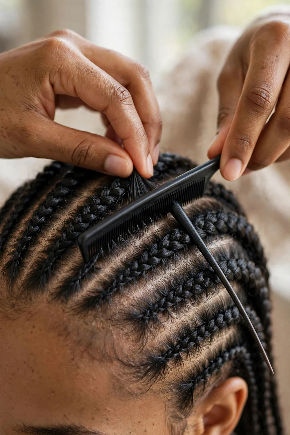 Close-up of hands sliding a rat-tail comb handle under tight cornrows to lift them from the scalp