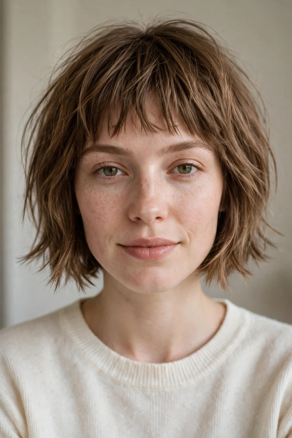 Razor-cut bob with textured bangs on thin hair