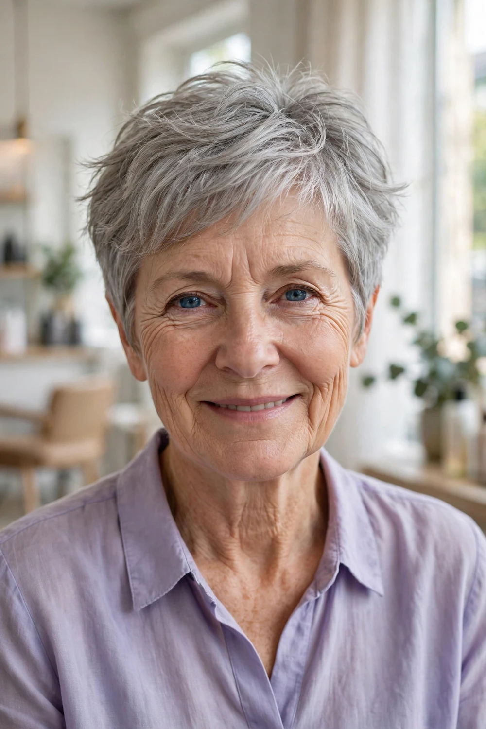 Woman over 50 with gray razor-cut pixie and airy feathered texture