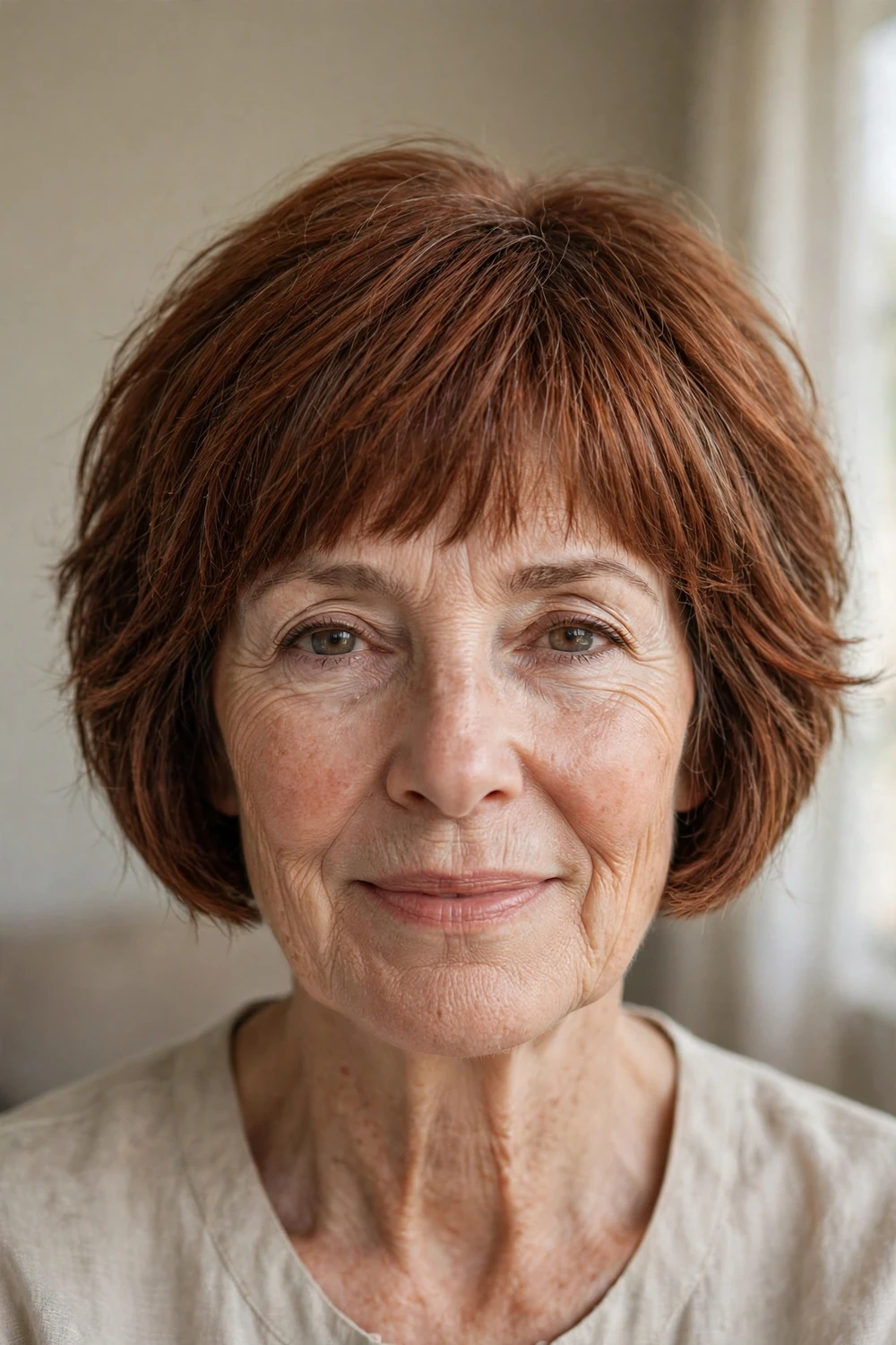 Razor-cut textured bob with fringe on a woman over 60 with auburn hair