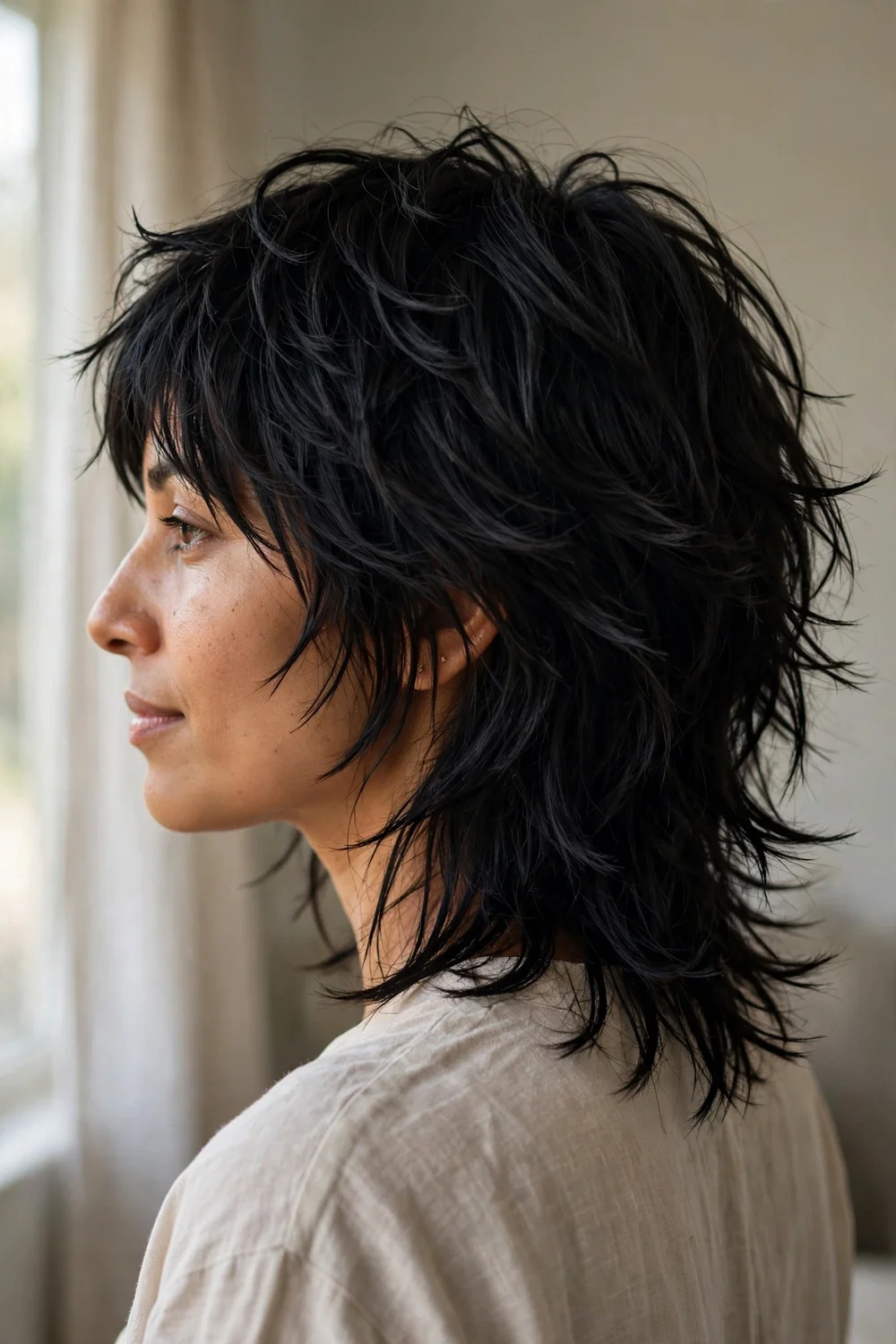 Razor-cut wolf cut with ultra-feathered edges on jet black medium hair