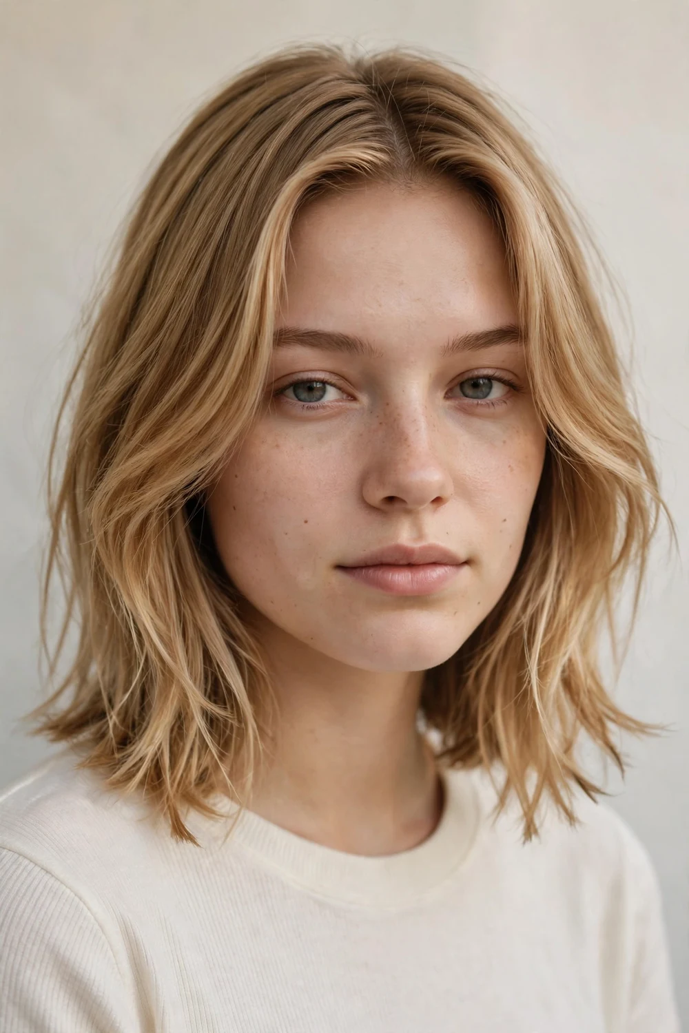 Woman with a razored lob on straight hair, piecey feathered ends with visible texture