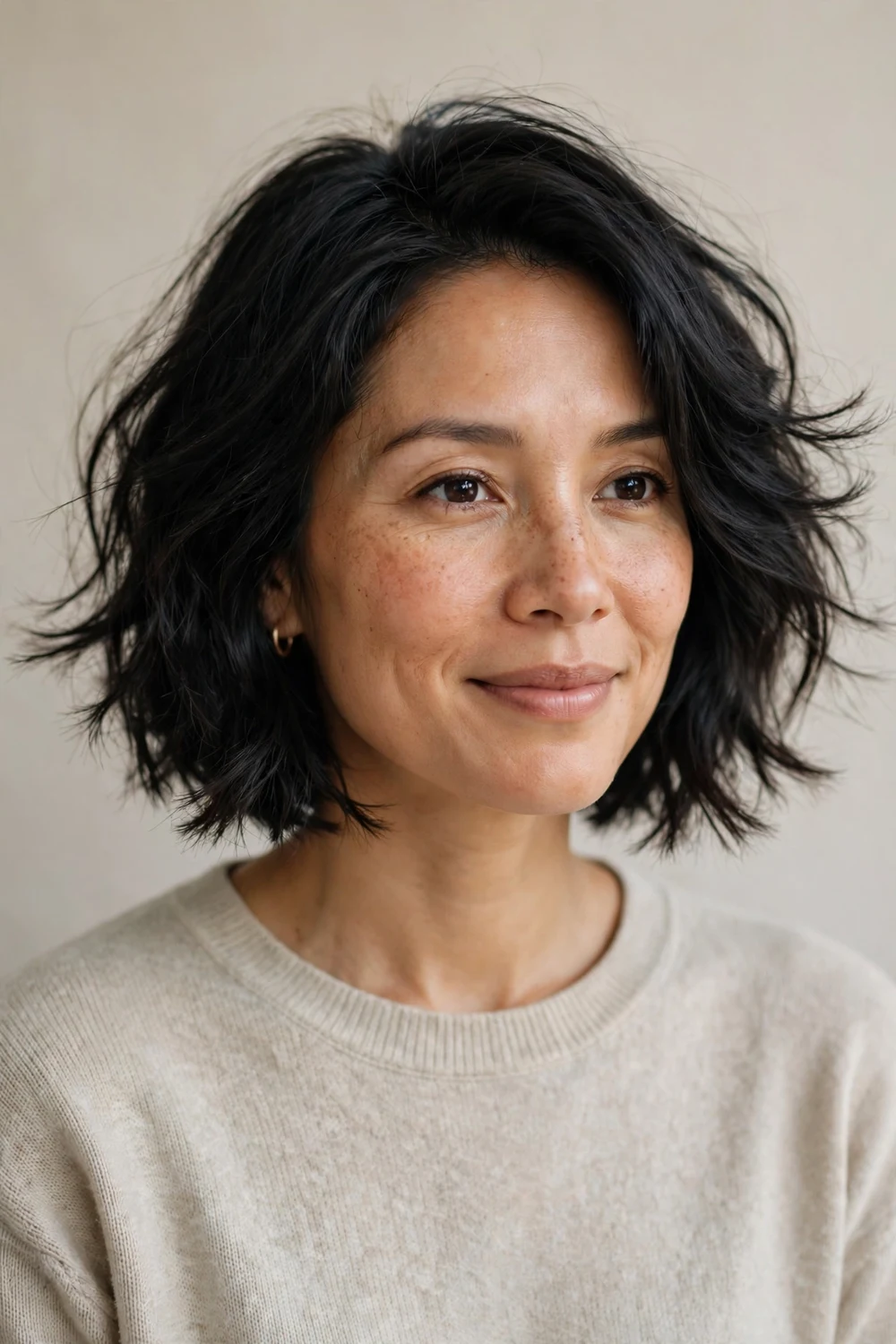 Woman with a razored textured bob, feathered wispy ends