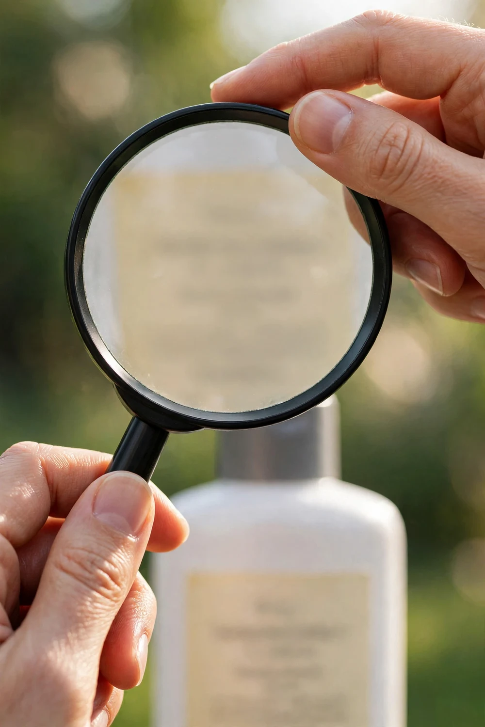 Close-up of a hair product ingredient label being read with a magnifier