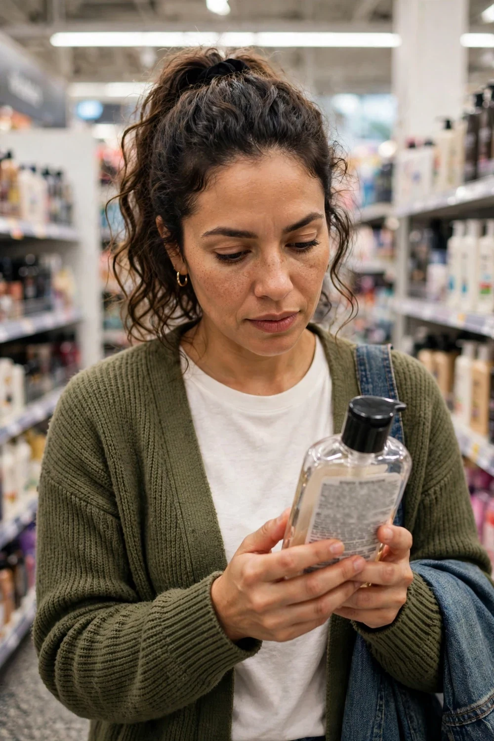 Woman reading the ingredient label on a shampoo bottle in a store