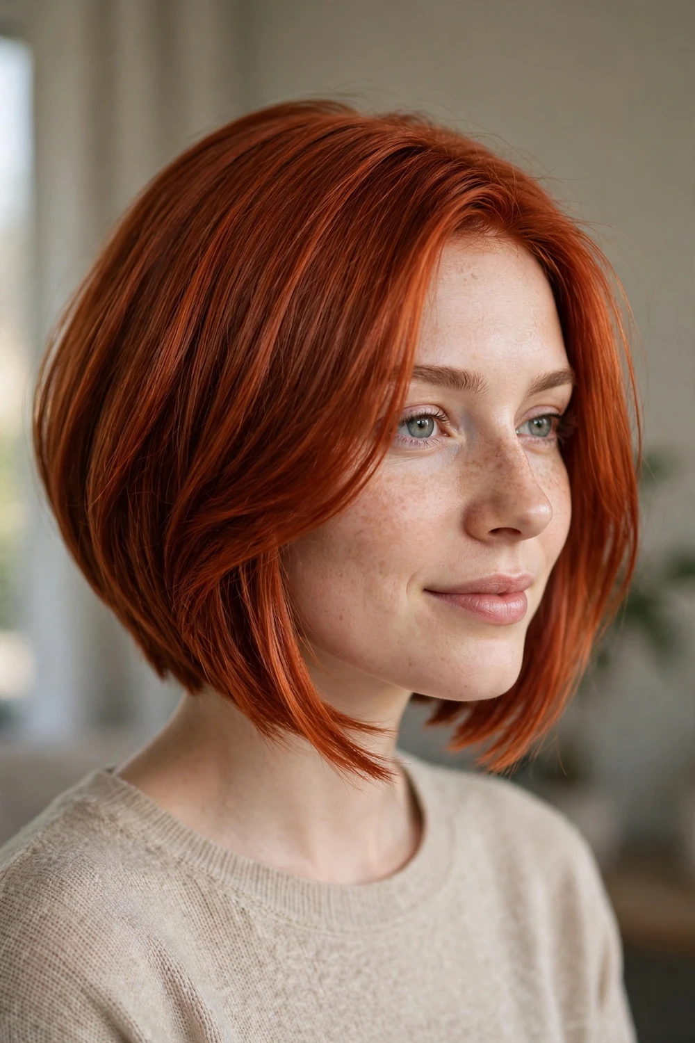 Red angled bob with copper tones on a forward-sloping cut