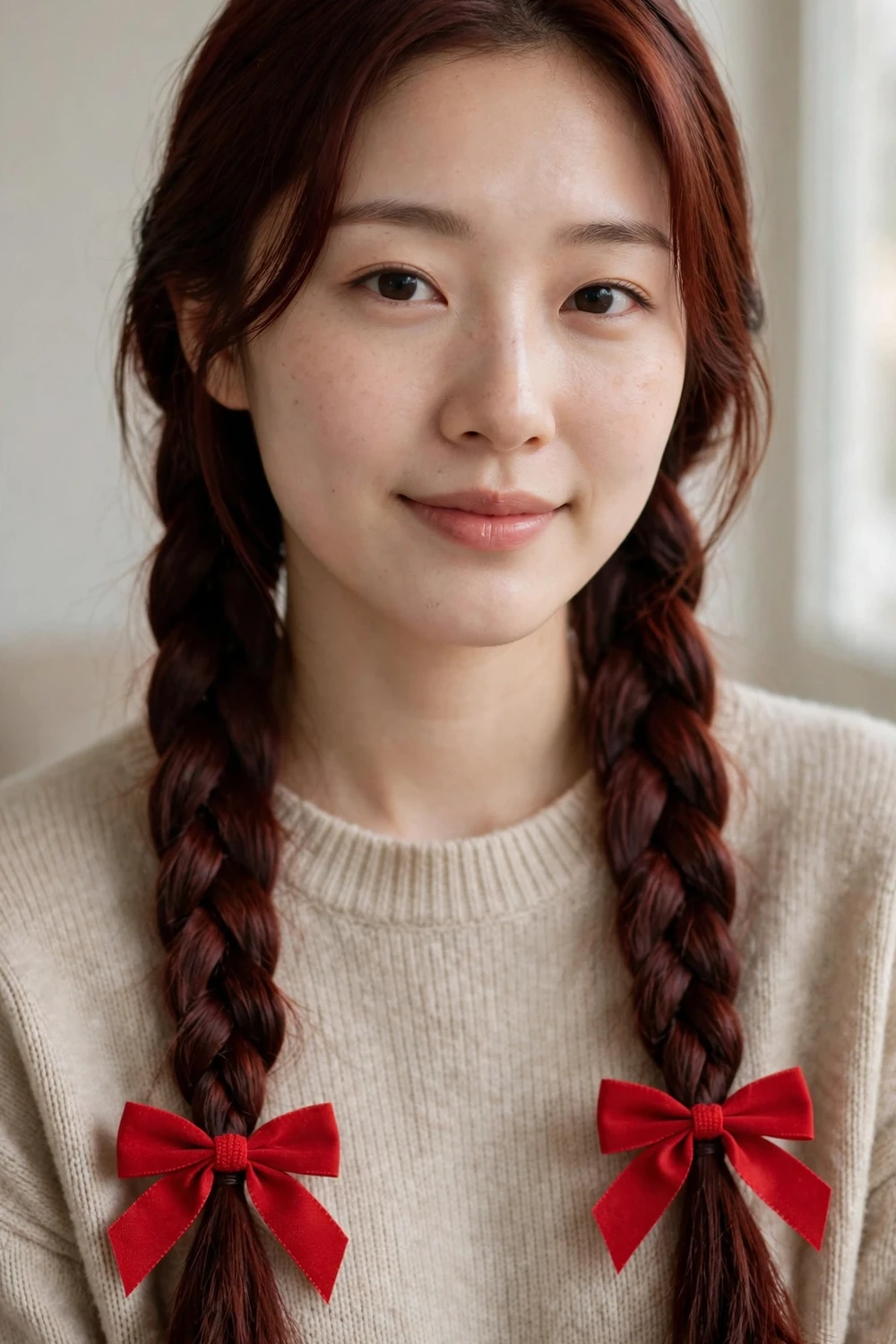 Two long braids over the shoulders, each tied with a festive red bow