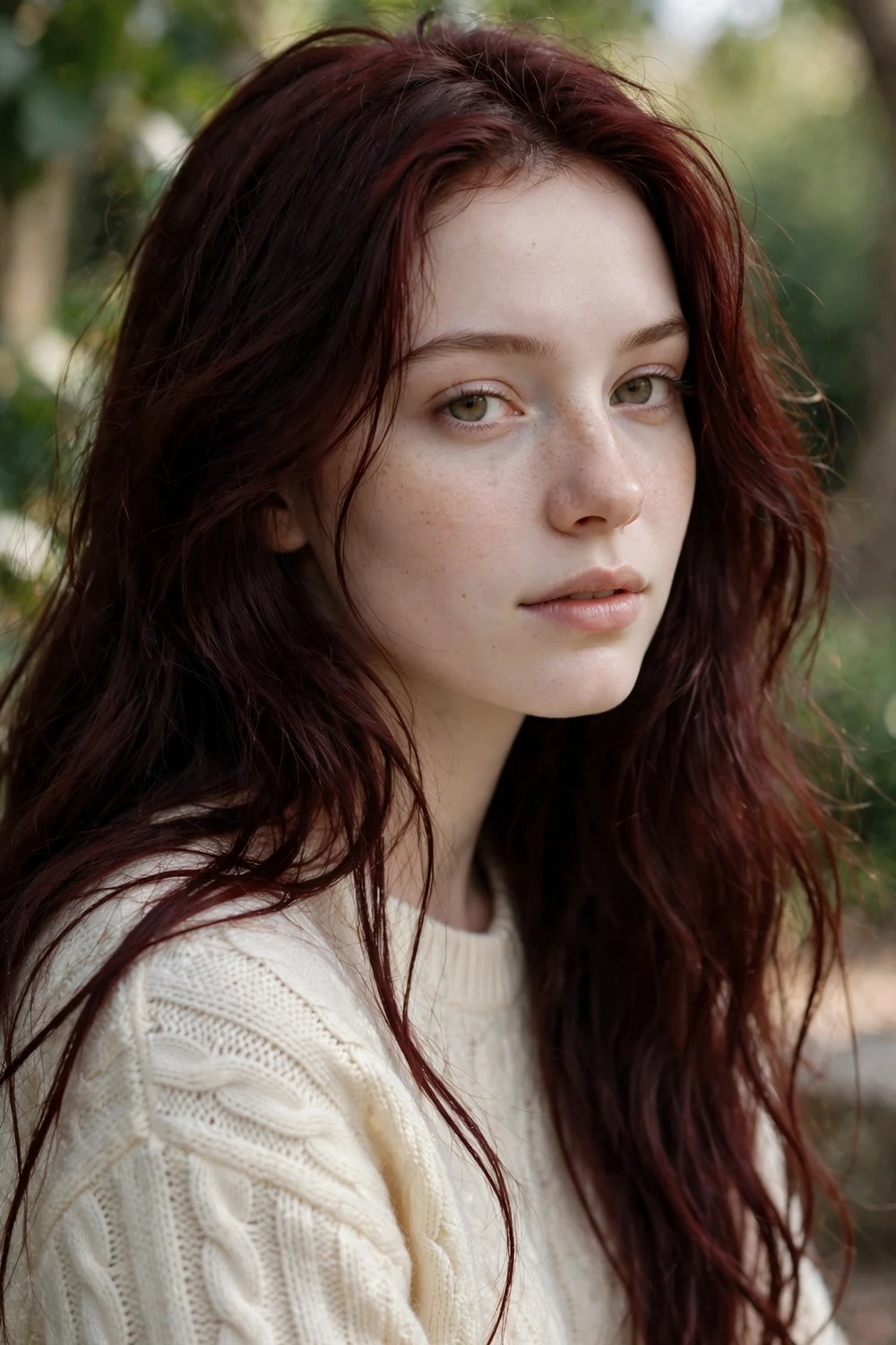 Woman with natural dark red hair that reads almost brunette