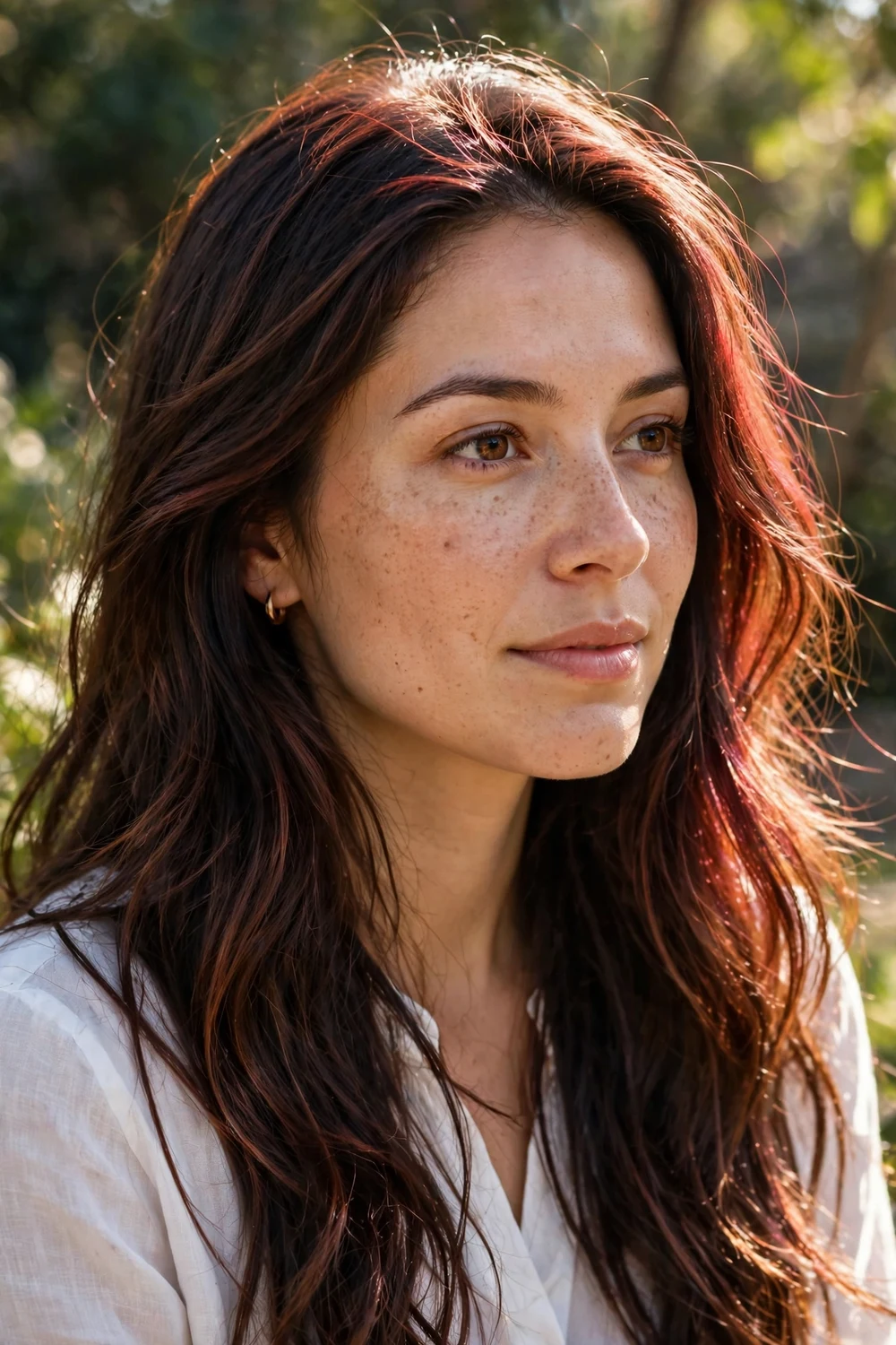 Woman with brunette hair showing just a touch of reddish tone in the light