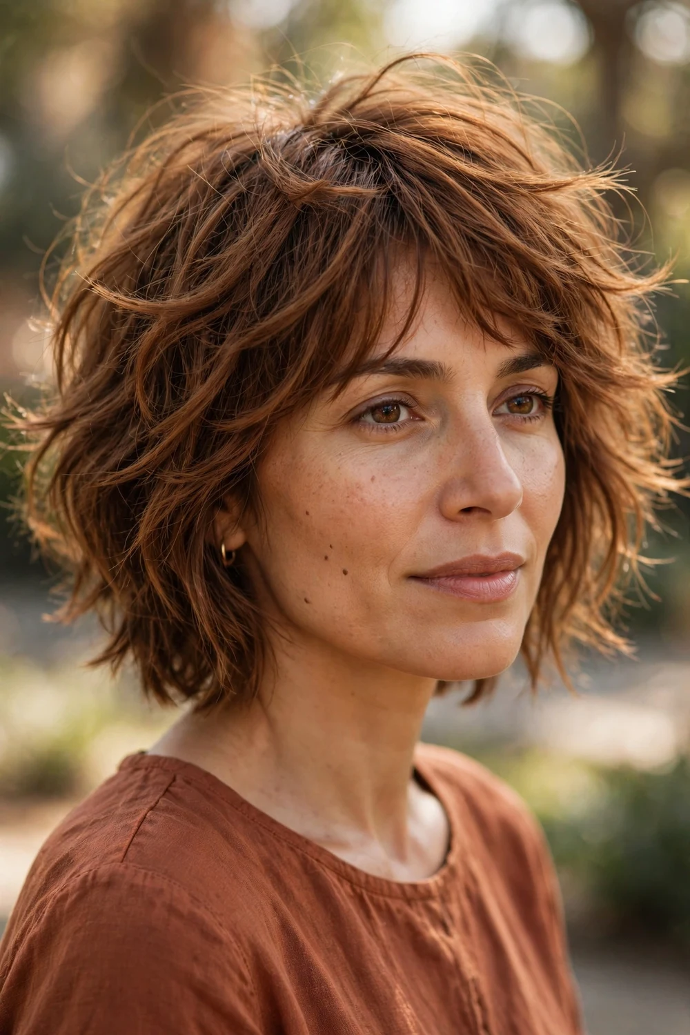 Woman with tawny reddish brown hair in a choppy layered cut