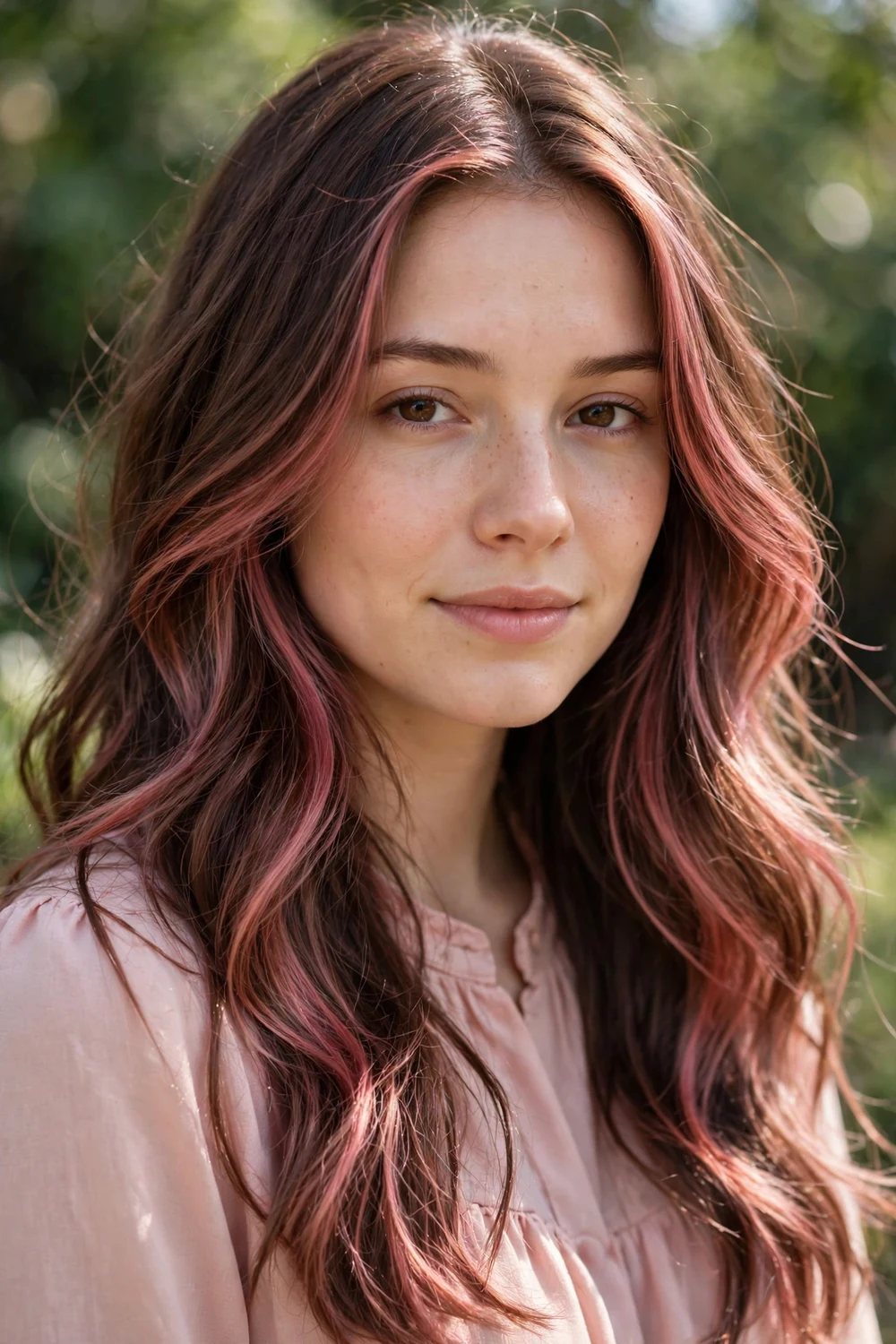 Brunette woman with pastel strawberry red tones through brown hair
