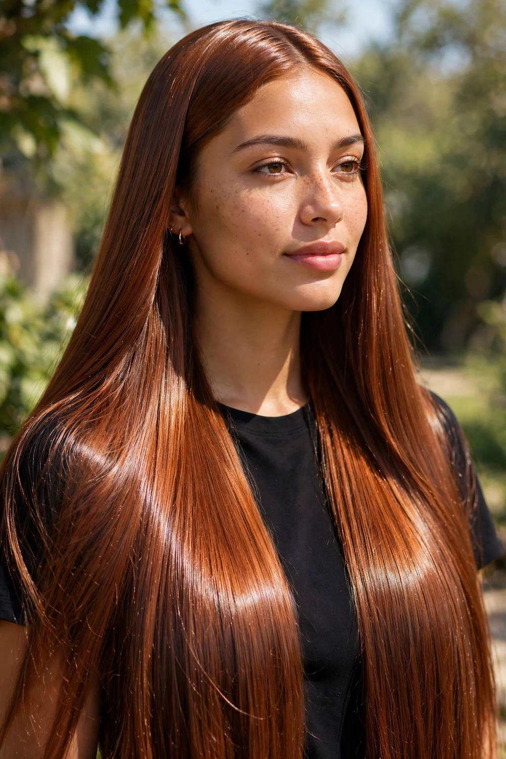 Woman with high-shine reddish brown hair between bronze and copper tones