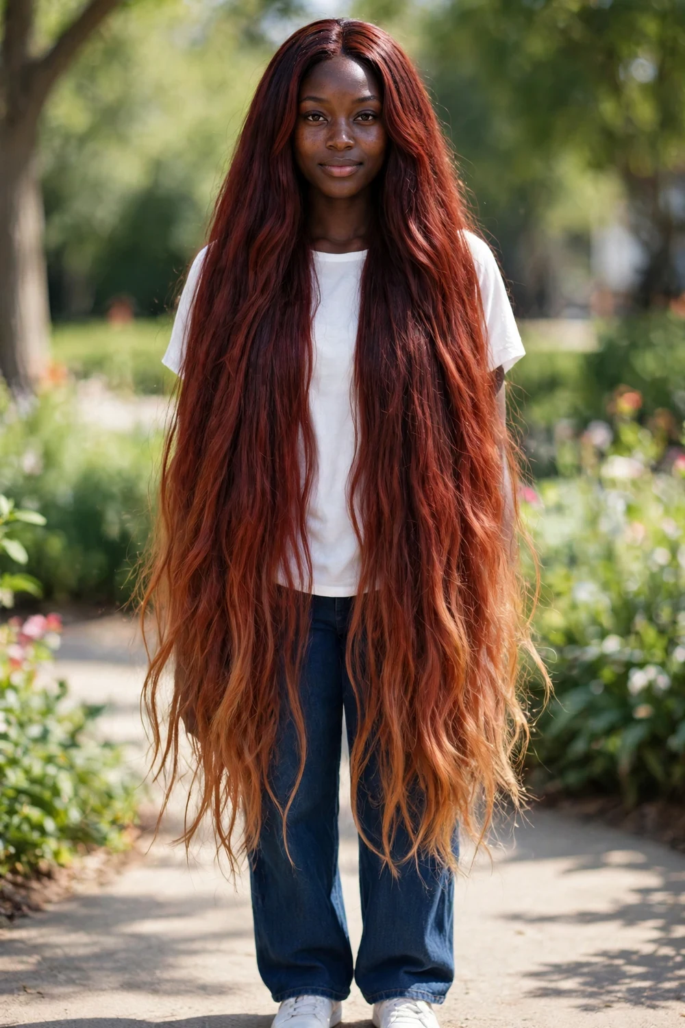 Woman with extra-long red brown hair in all its length