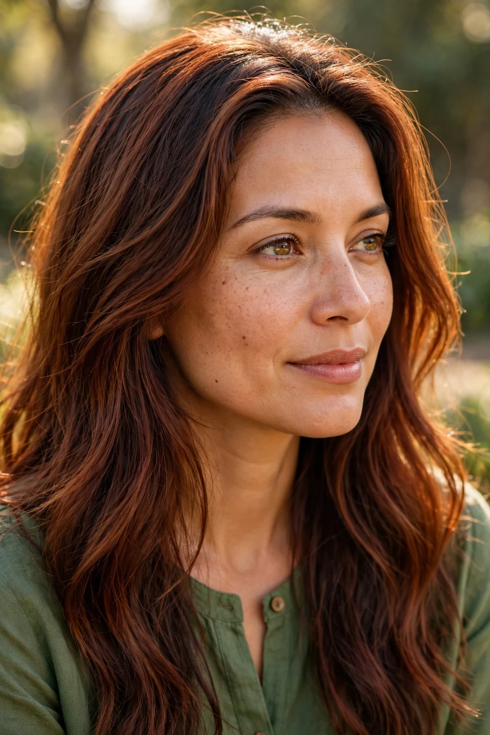 Woman with warm chestnut brown hair with subtle red undertones