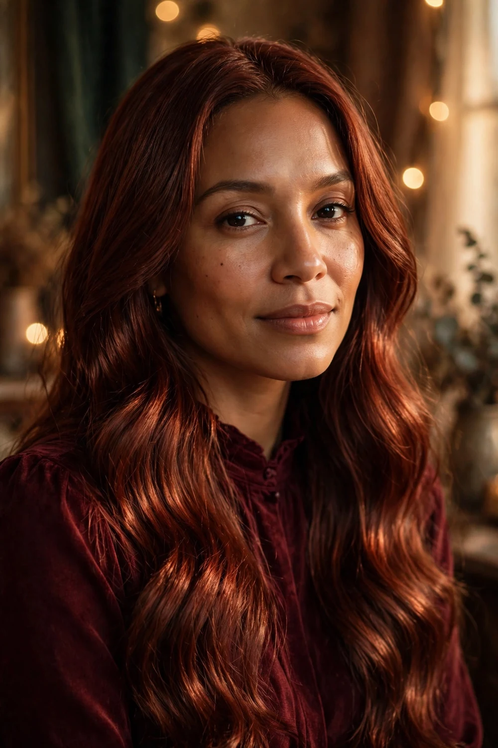Woman with deep burnished metallic rust red brown hair