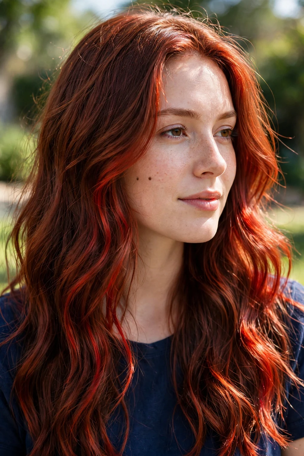 Woman with classic dimensional auburn hair, brown depth with fiery red tones