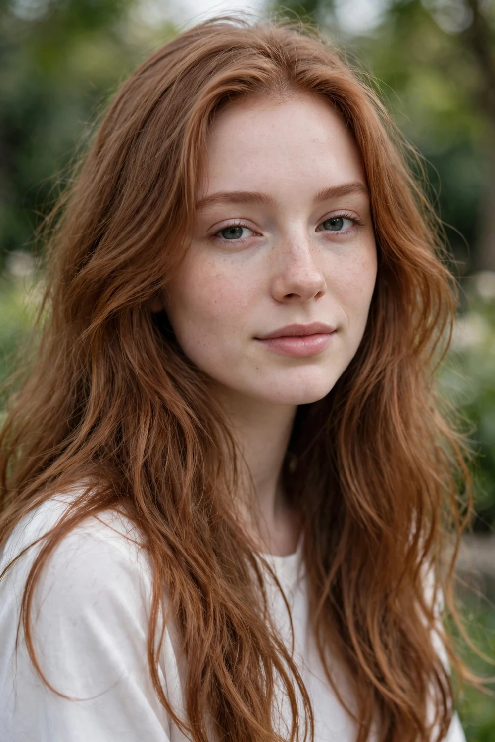 Woman with light auburn red hair, natural-looking soft red