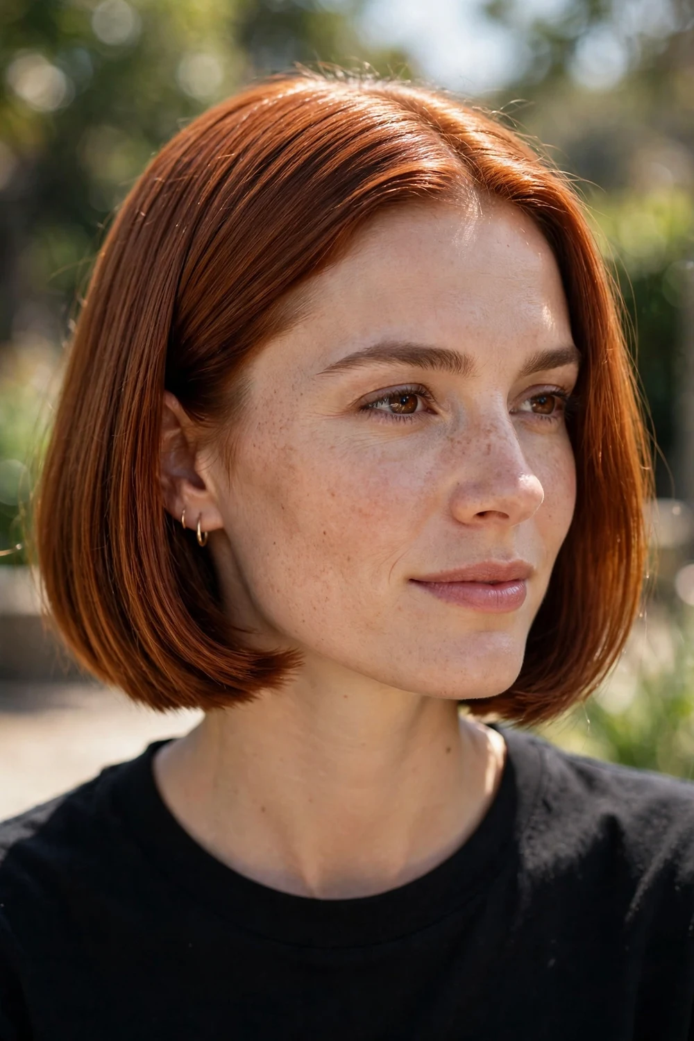 Woman with 90s-style amber reddish brown bob haircut
