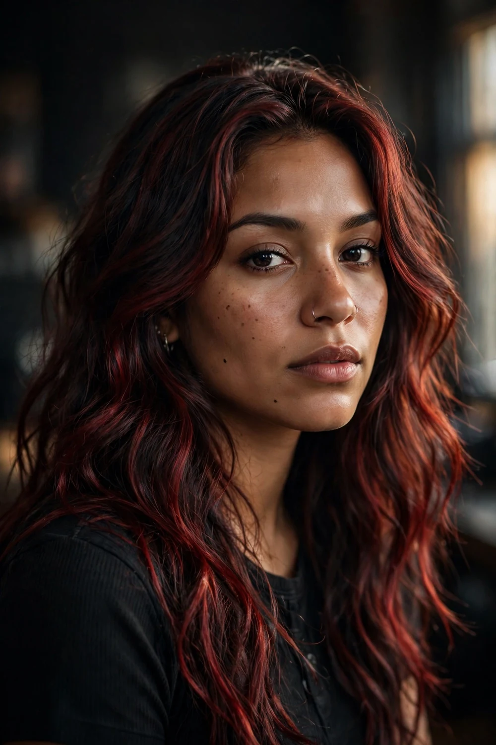 Woman with cherry cola red hair, deep red with brown cola tones