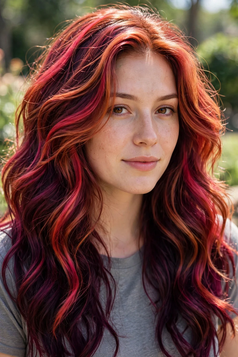 Woman with chunky strawberry and copper red highlights over berry lowlights