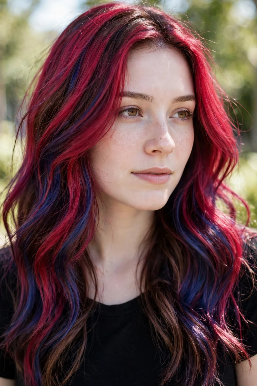 Woman with raspberry red hair, jewel-toned red with blue undertones over brown