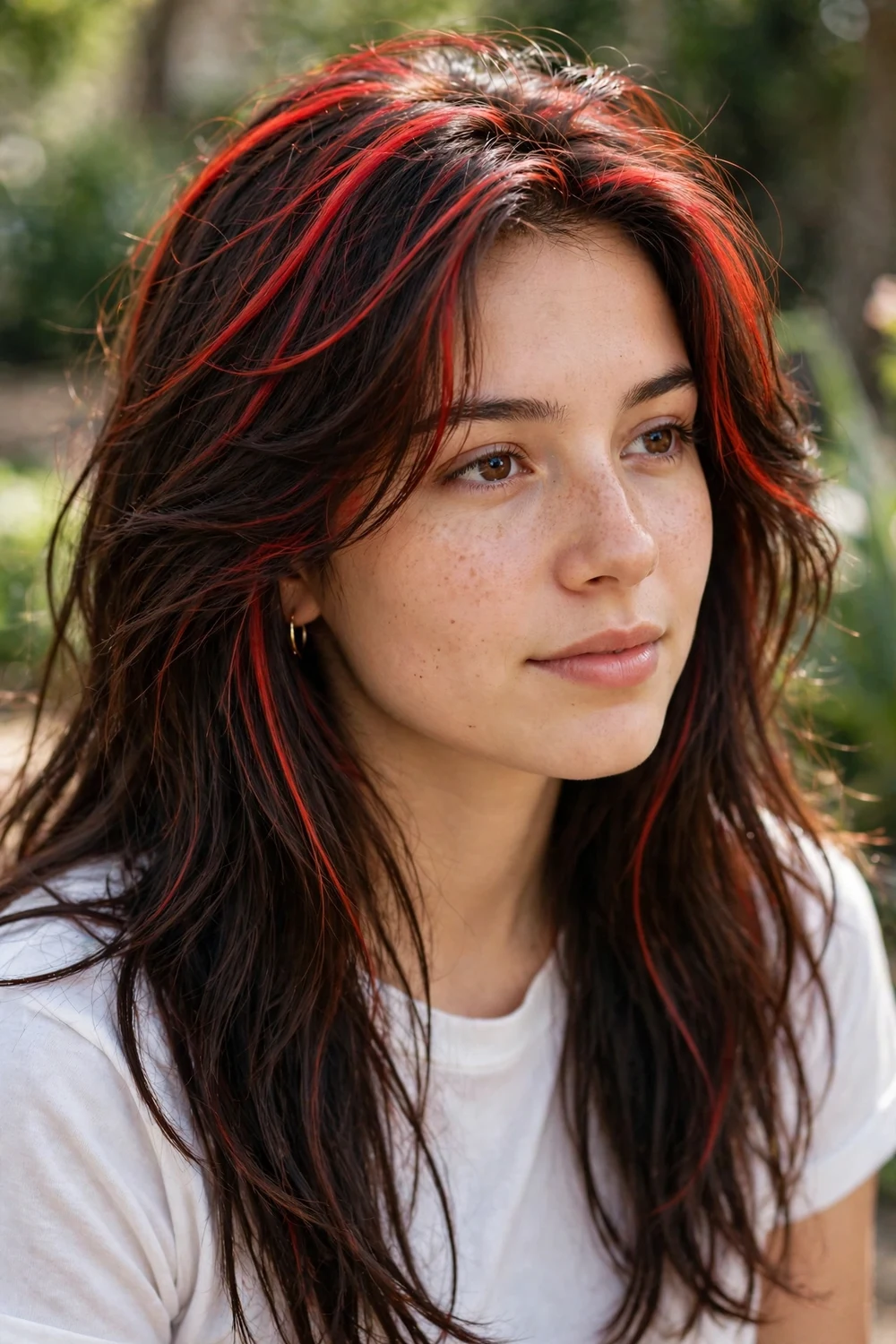 Woman with brunette hair and piece-y fiery red highlight streaks