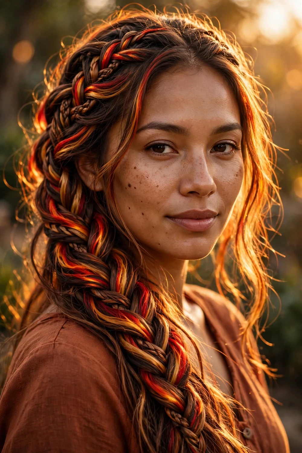 Woman with red orange gold and brown flaming highlight blend