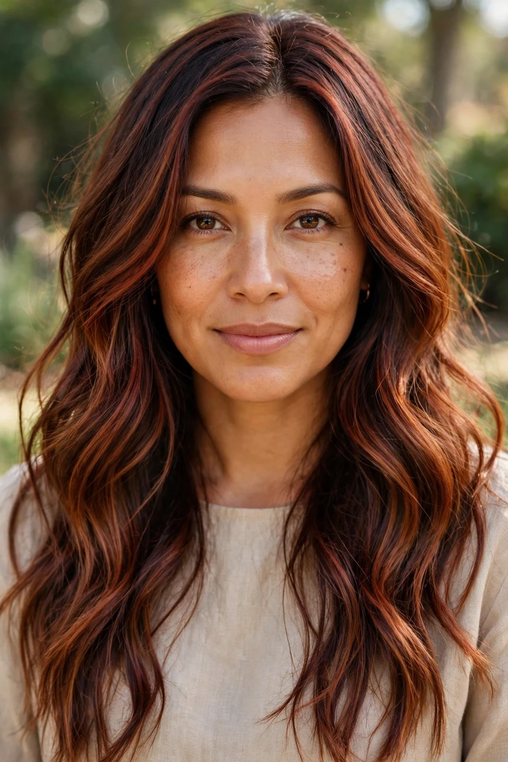 Woman with cinnamon red brown balayage, mahogany roots with red-tinted lengths