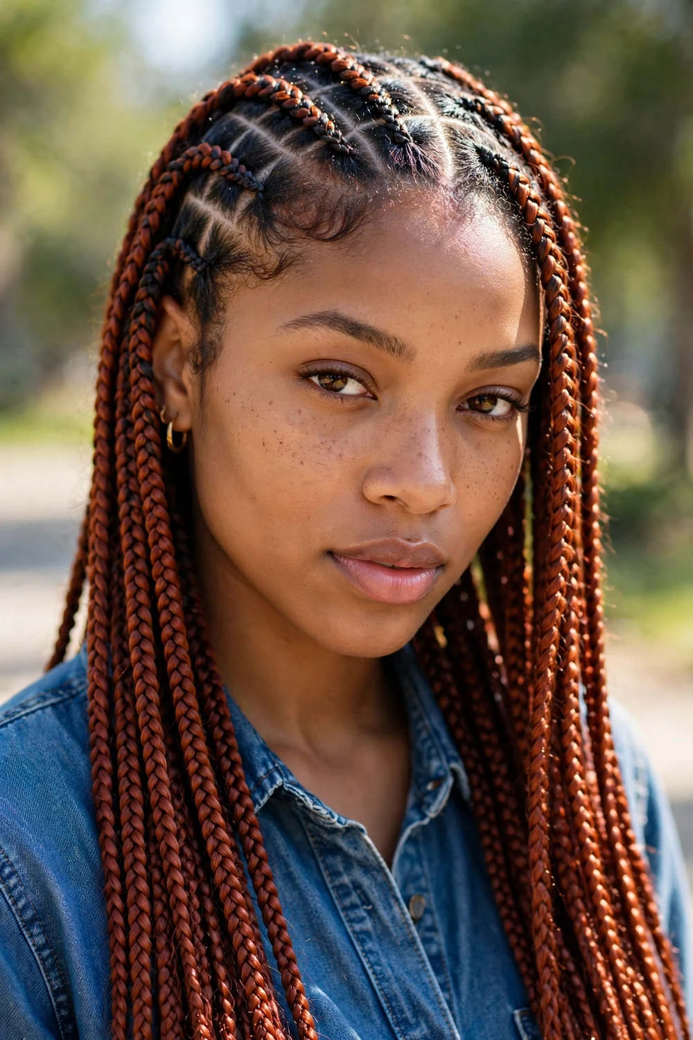 Black woman with long reddish brown braids, protective style
