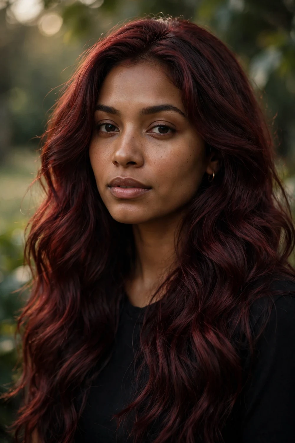 Woman with garnet red brown hair, deep gemstone red between brown and red