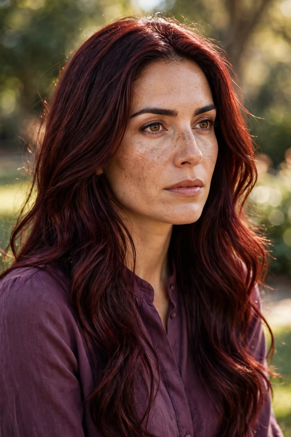 Woman with burgundy auburn hair, deep red-brown with wine depth