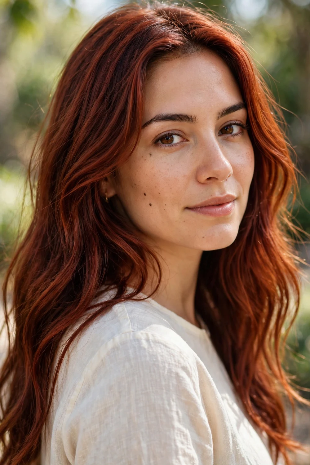 Woman with copper red hair, red-dominant copper shade