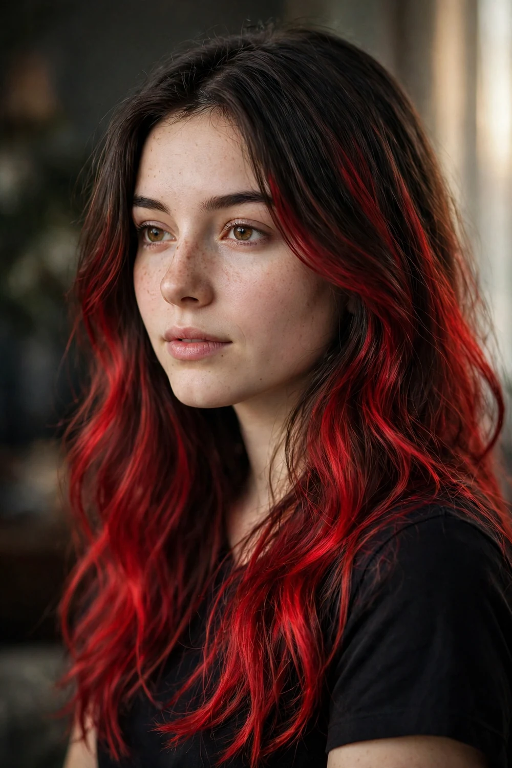 Woman with supernatural scarlet red tones over classic brunette hair