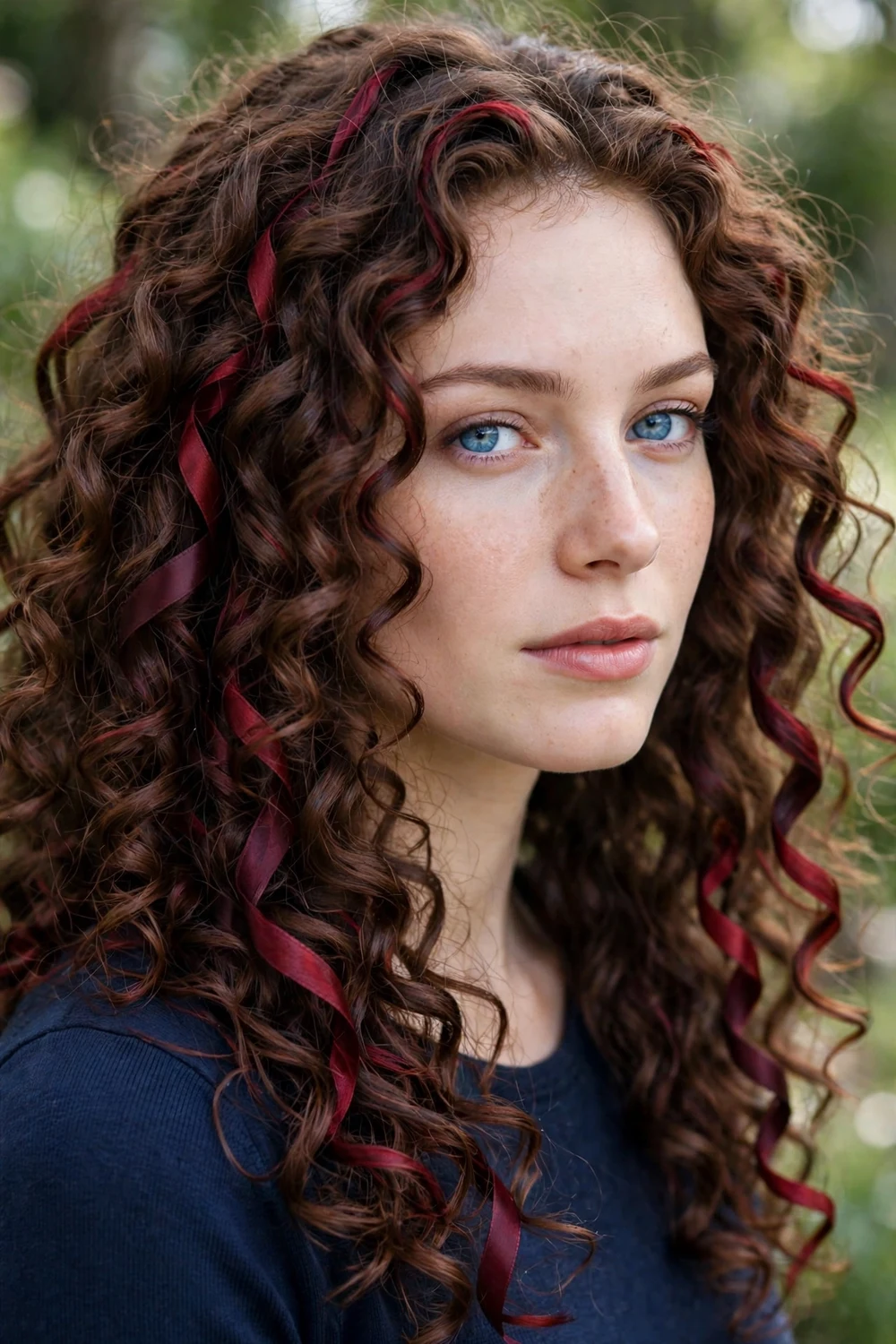 Woman with chocolate brown curls and dark red highlights