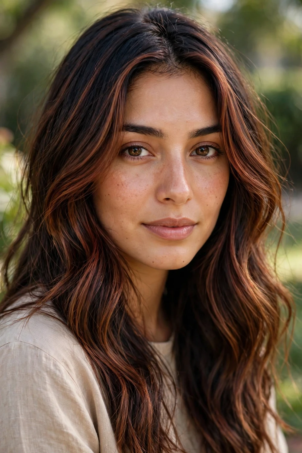 Woman with red brown balayage hand-painted through dark brown hair