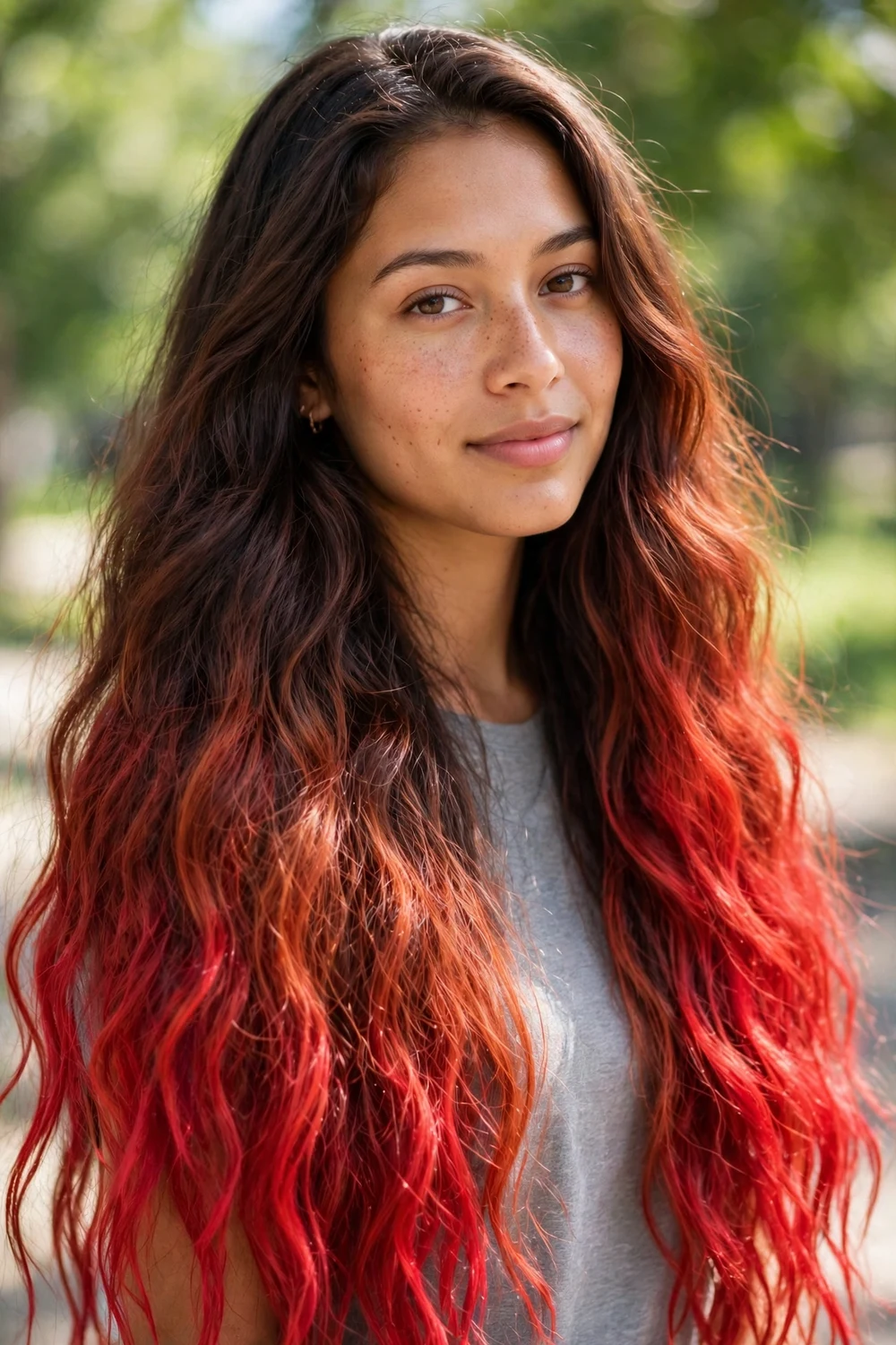 Woman with red brown ombre, dark roots melting into red ends