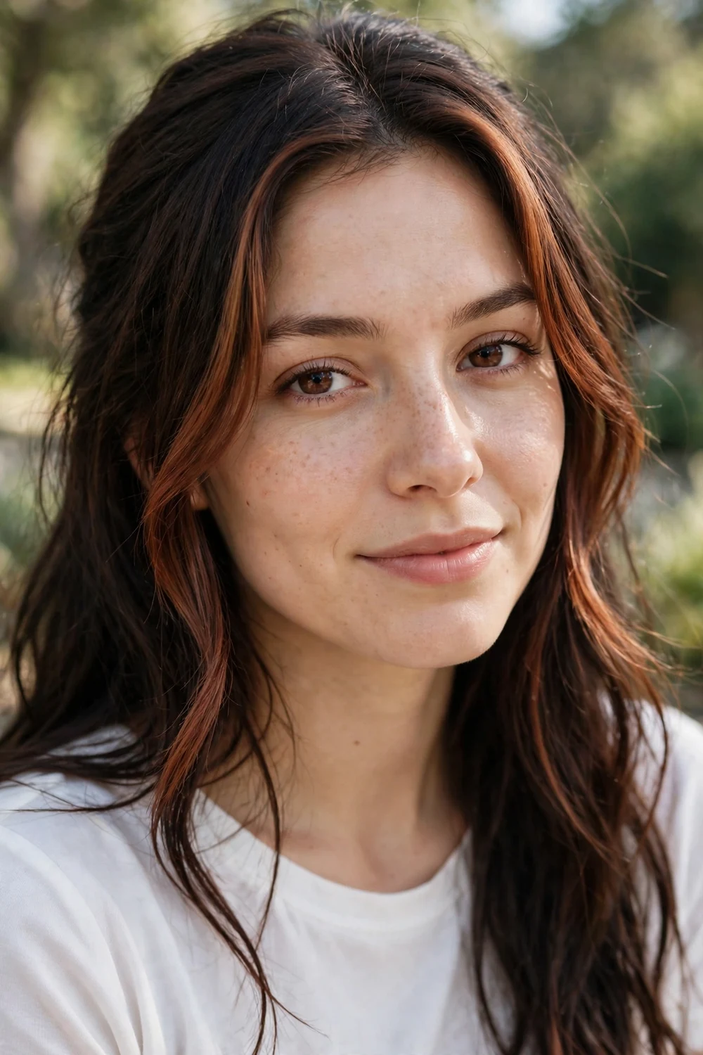 Woman with dark hair and red brown money piece highlights framing face