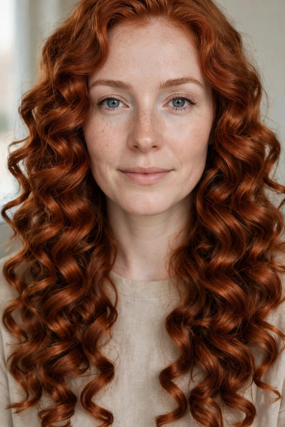 Woman with copper red long hair in defined red curls