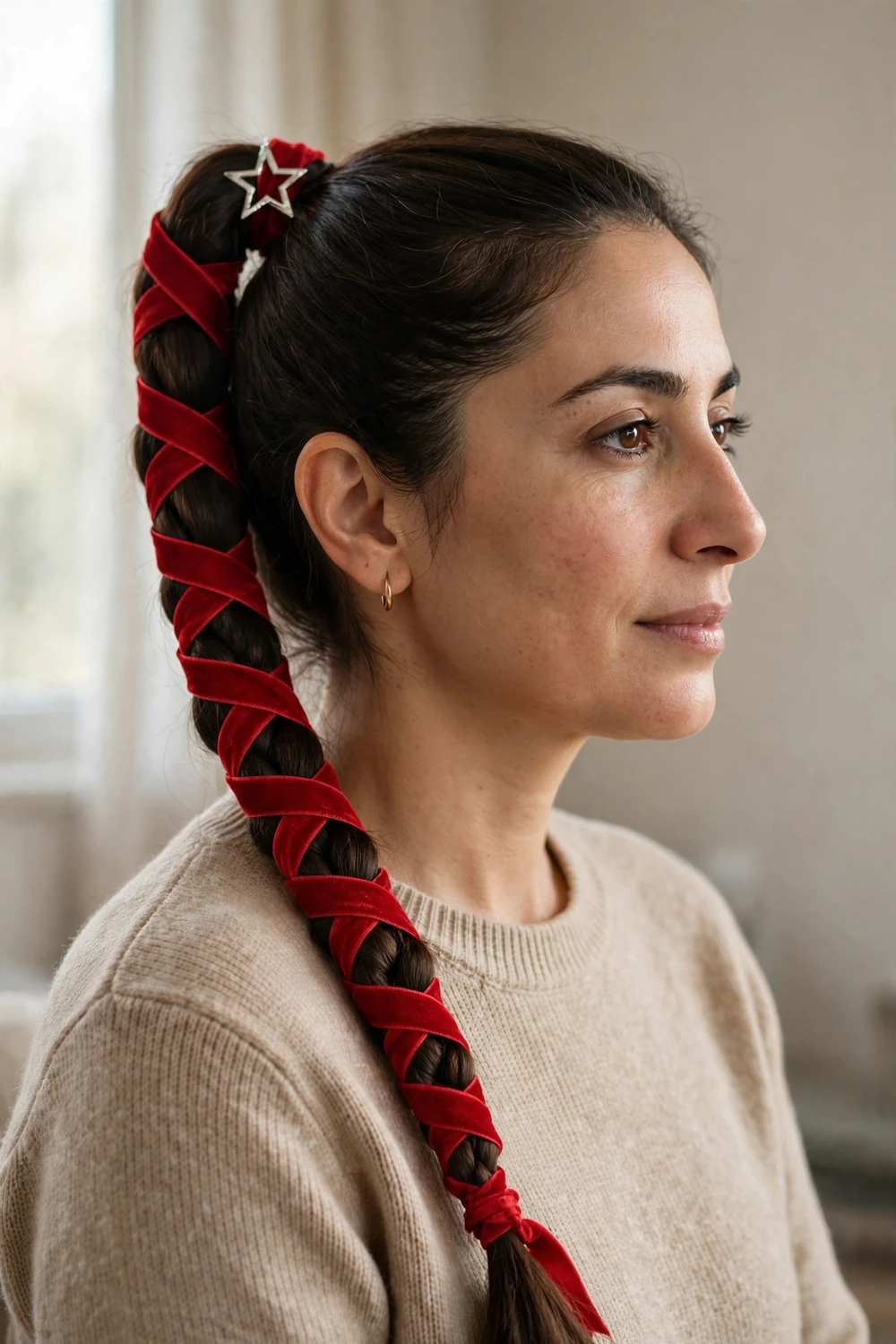 Long braided ponytail wrapped in red velvet ribbon with a silver star hairpin at the top