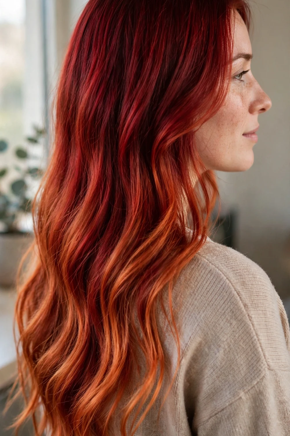 Red-to-copper fade balayage melting from deep red to bright copper
