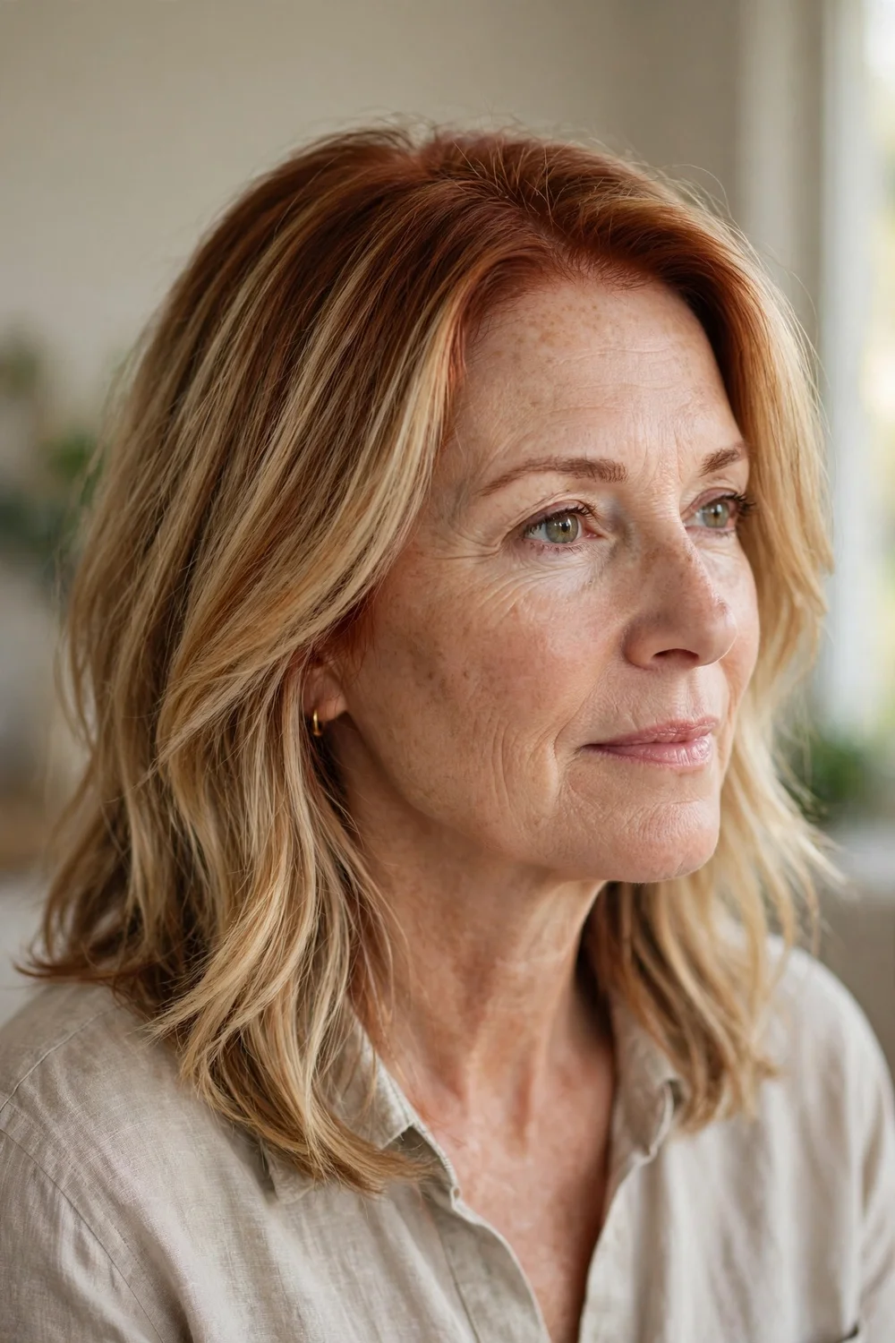Woman with reddish brown roots and blonde balayage tips