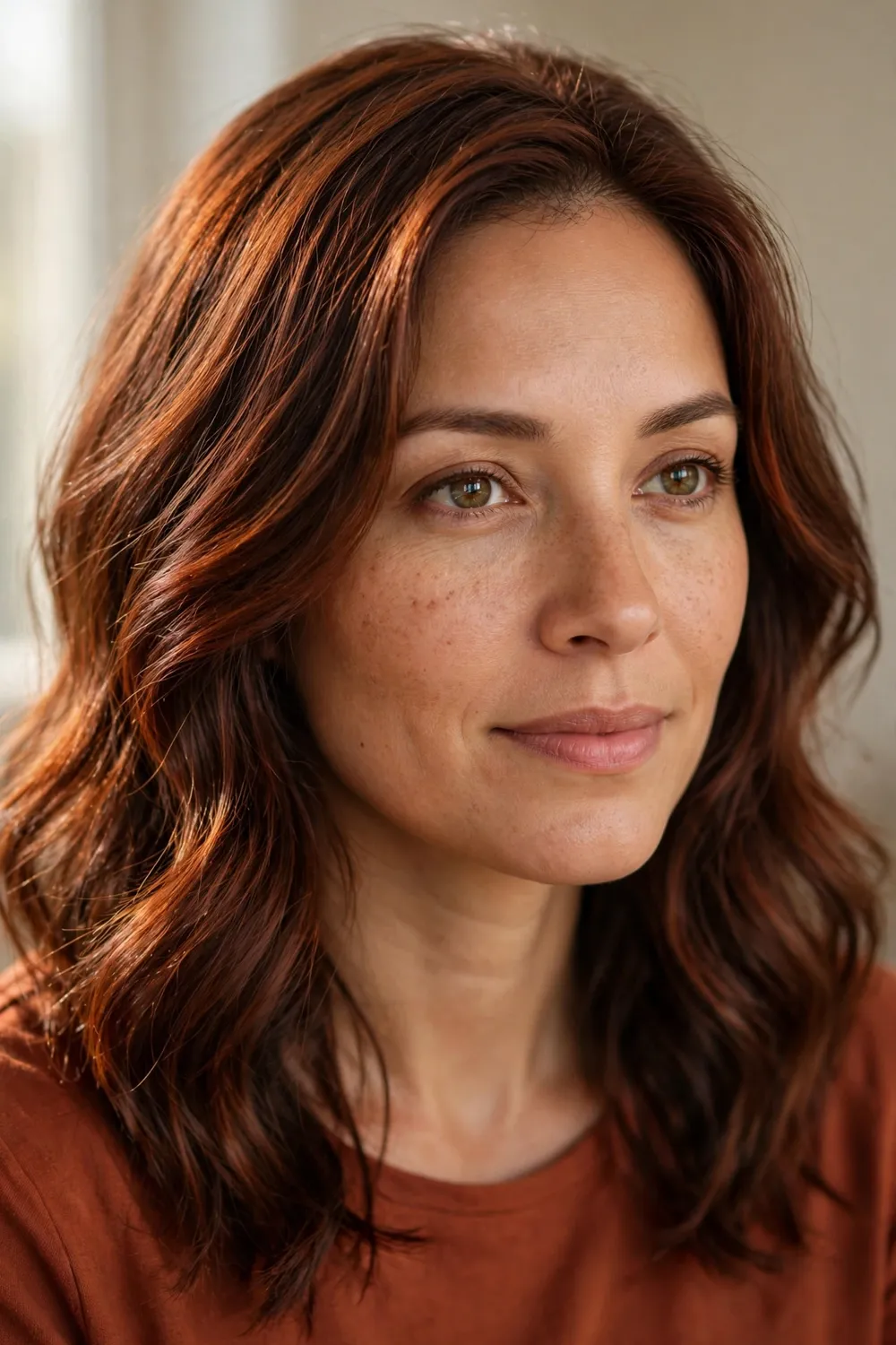 Reddish chestnut brown hair with subtle red undertones