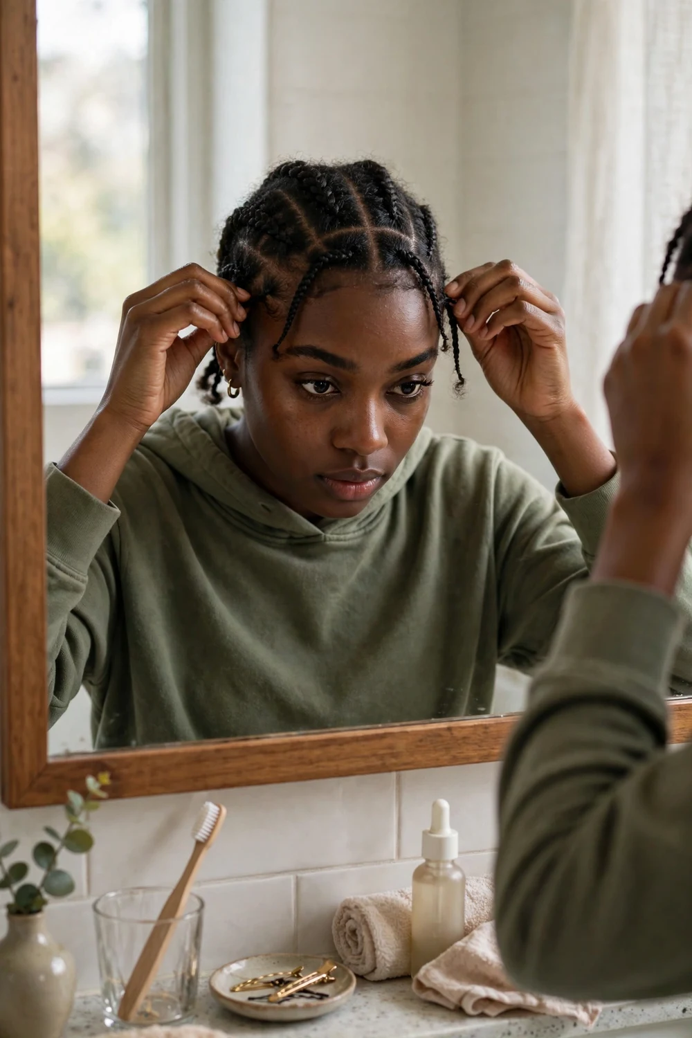 Woman redoing the braids along her hairline for a fresh look