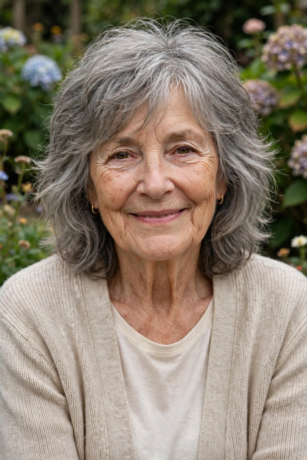 White woman in her early 70s with a relaxed collarbone shag in natural gray texture in a garden