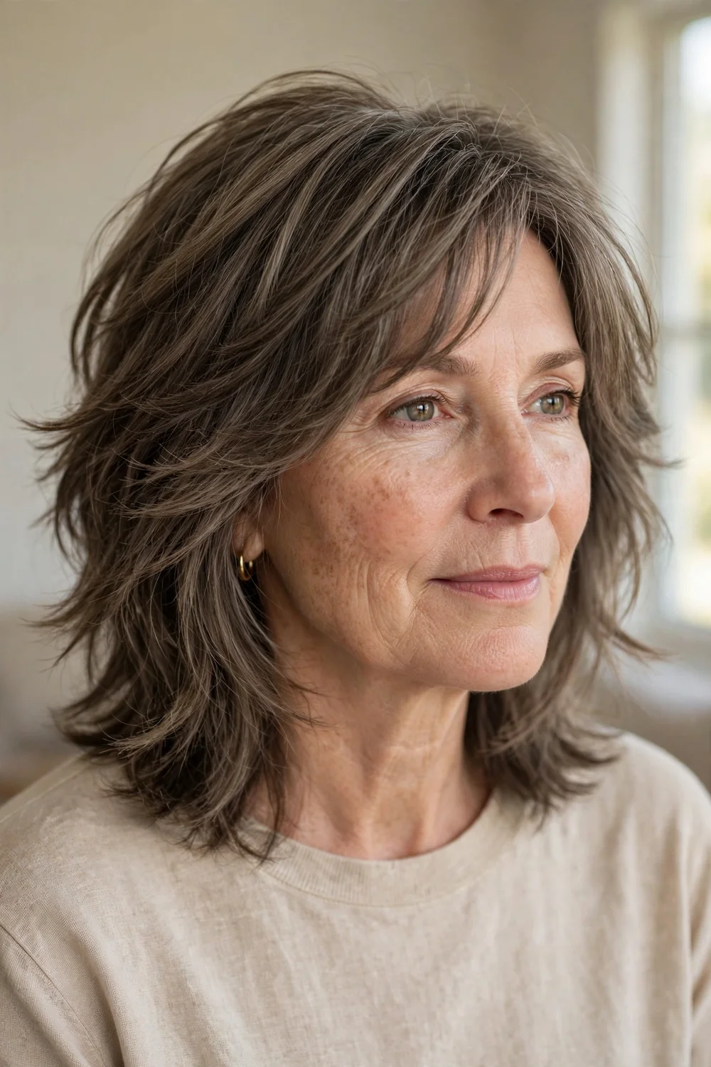 51-year-old woman with ash brown relaxed medium shag, three-quarter view