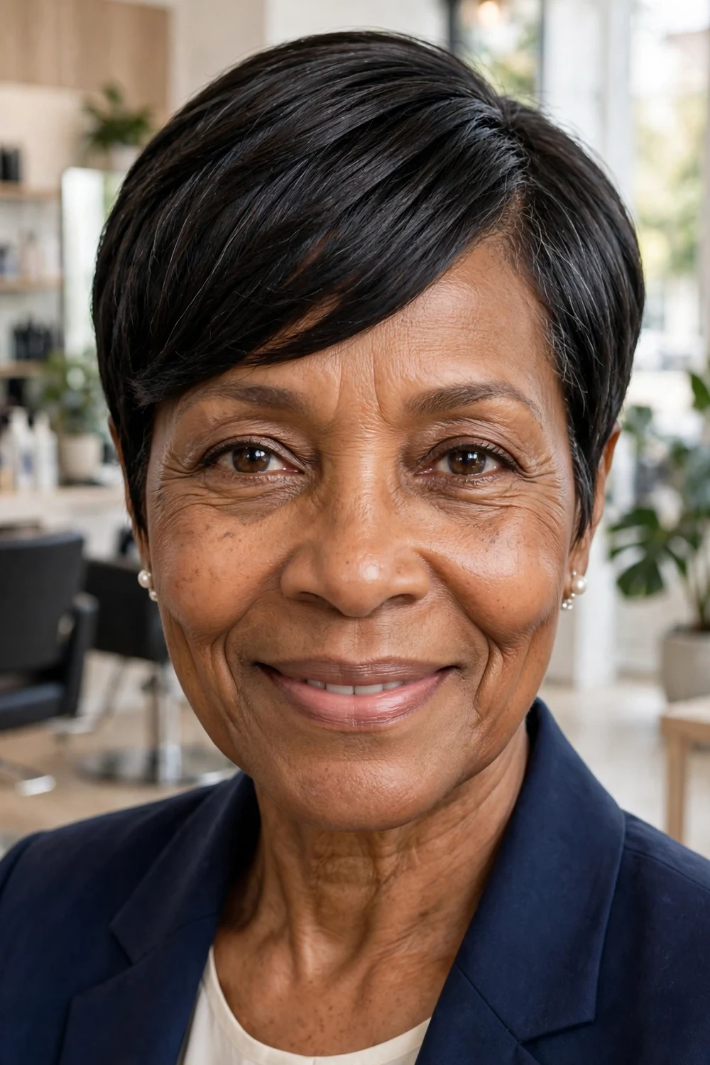 Older Black woman with a relaxed pixie and deep side part