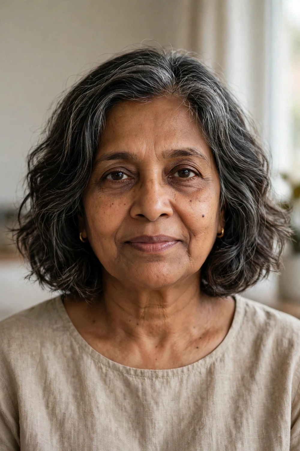 Relaxed wavy bob with loose casual waves on salt-and-pepper chin-length hair, front view